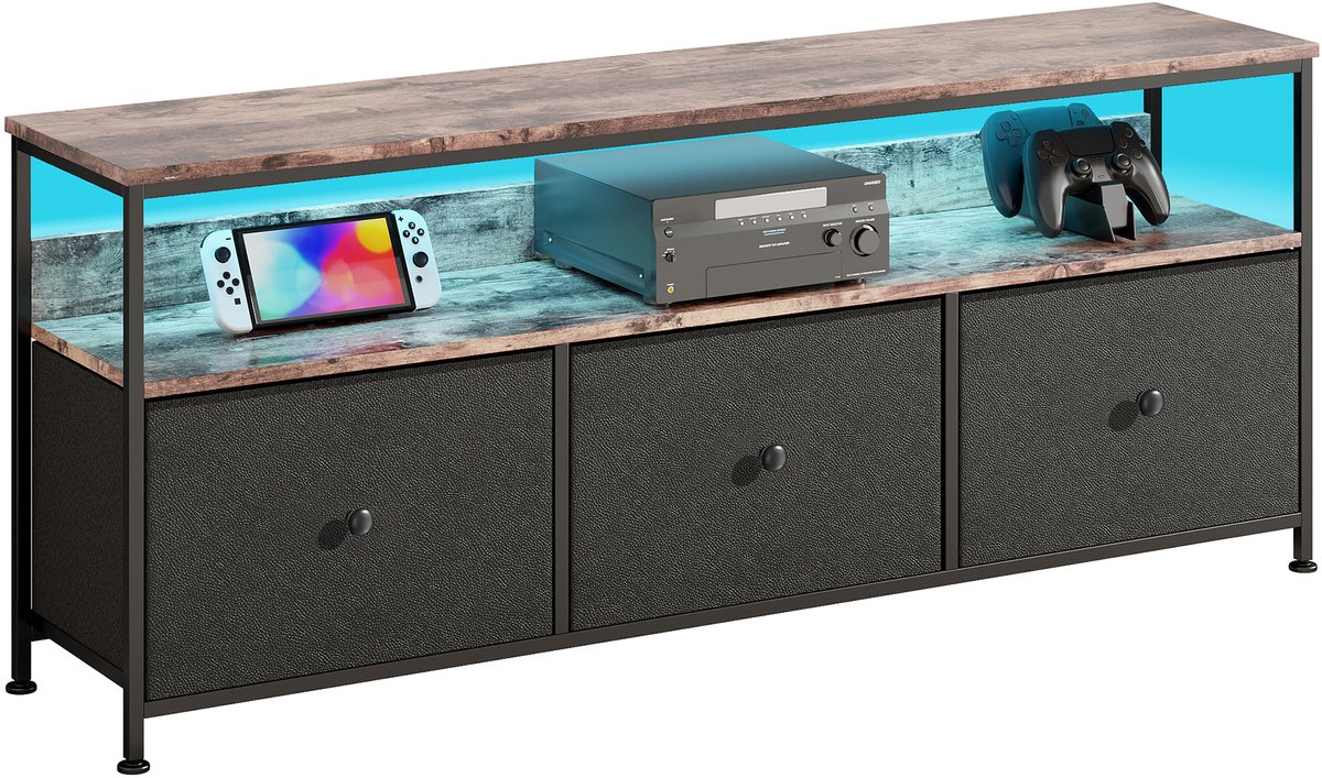 LED TV-standaard met 3 laden, Kleine TV-kast met opbergruimte, TV-bankje, Tv meubel, Stoffen ladekast voor de woonkamer Slaapkamer Hal Rustiek, 137x30x57cm, Zwart