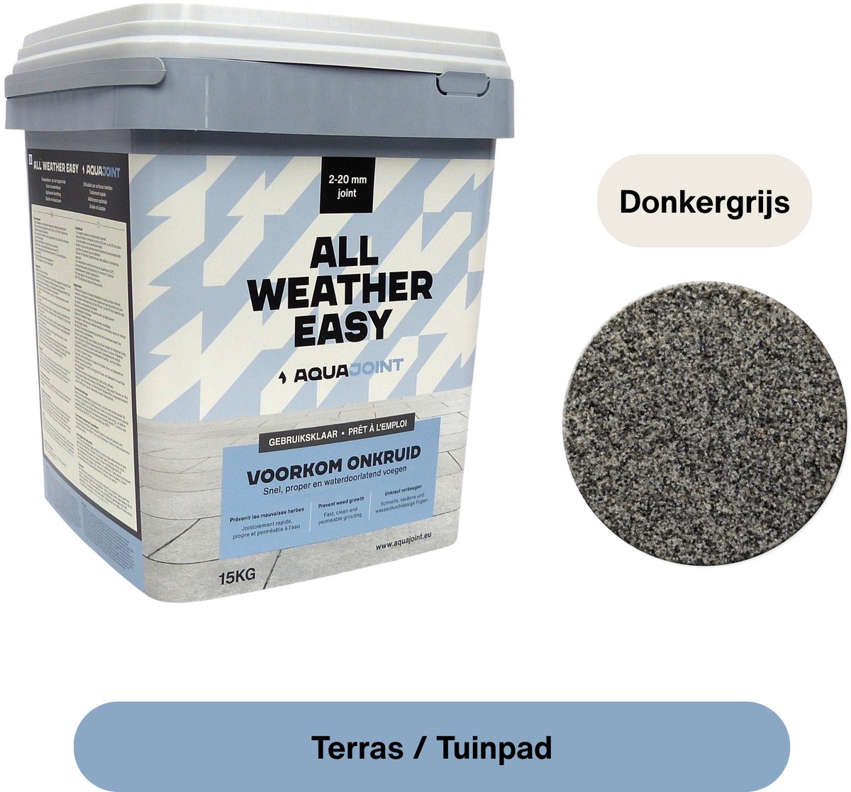Aquajoint All Weather Easy Donkergrijs 15kg – Waterdoorlatende voegmortel voor Terras & Tuinpad – Gebruiksklaar voor 2–20 mm Voegbreedte
