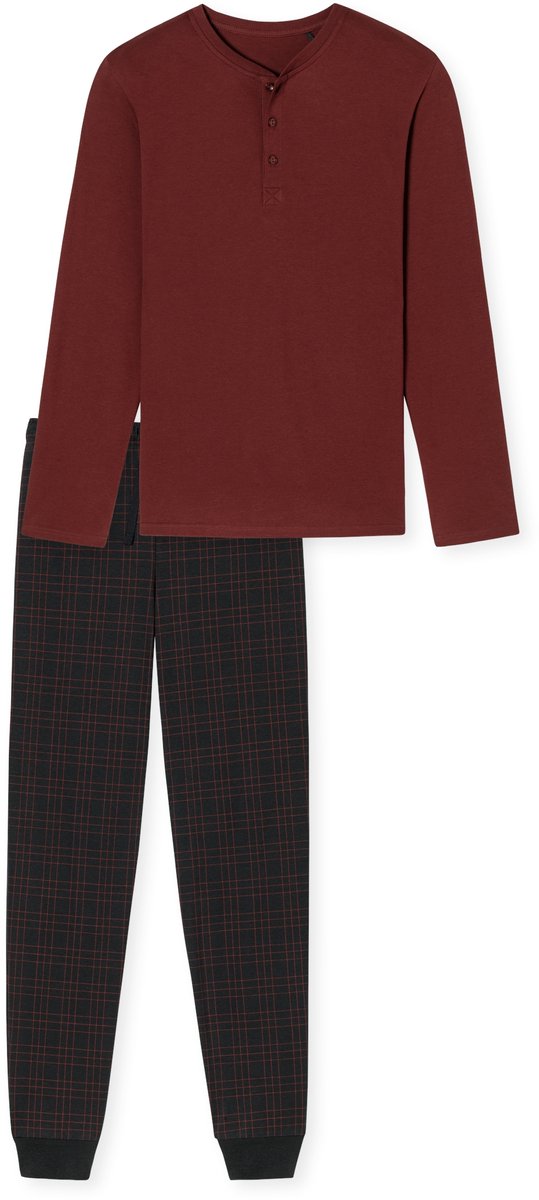 SCHIESSER Fine Interlock pyjamaset - heren pyjama lang interlock manchetten knoopsluiting geruit terracotta