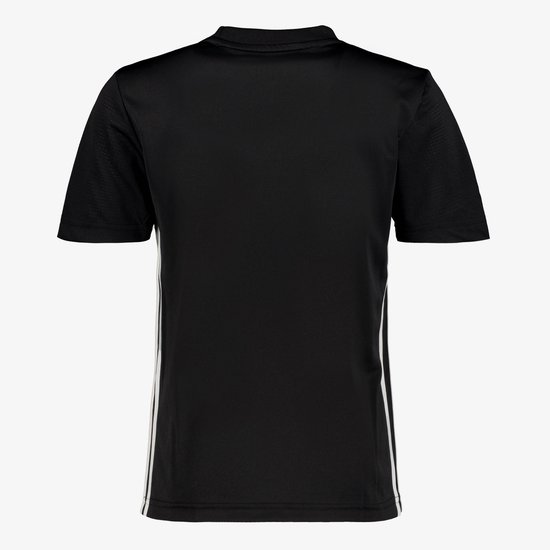 Achterkant van een zwart adidas sportshirt met witte strepen aan de zijkanten.