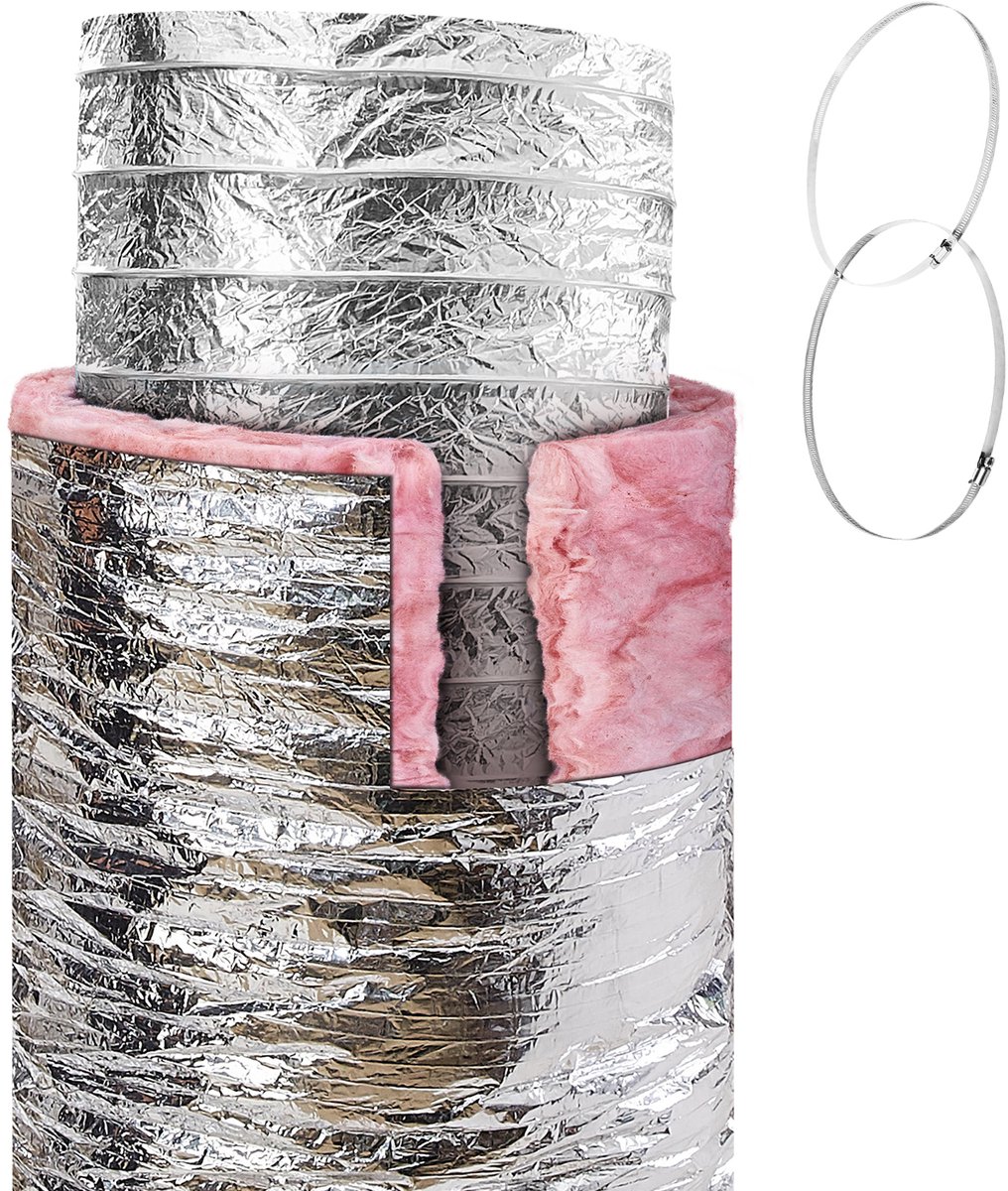 Drogerafvoerslang, Vlamvertragend R-6.0, 7,62 M Lang, 254 mm Geïsoleerde Flexibele Buis, met 2 Klemmen, Zwaar Uitgevoerd, 3-Laags, voor Verwarmings-, Ventilatie- en Airconditioningsystemen