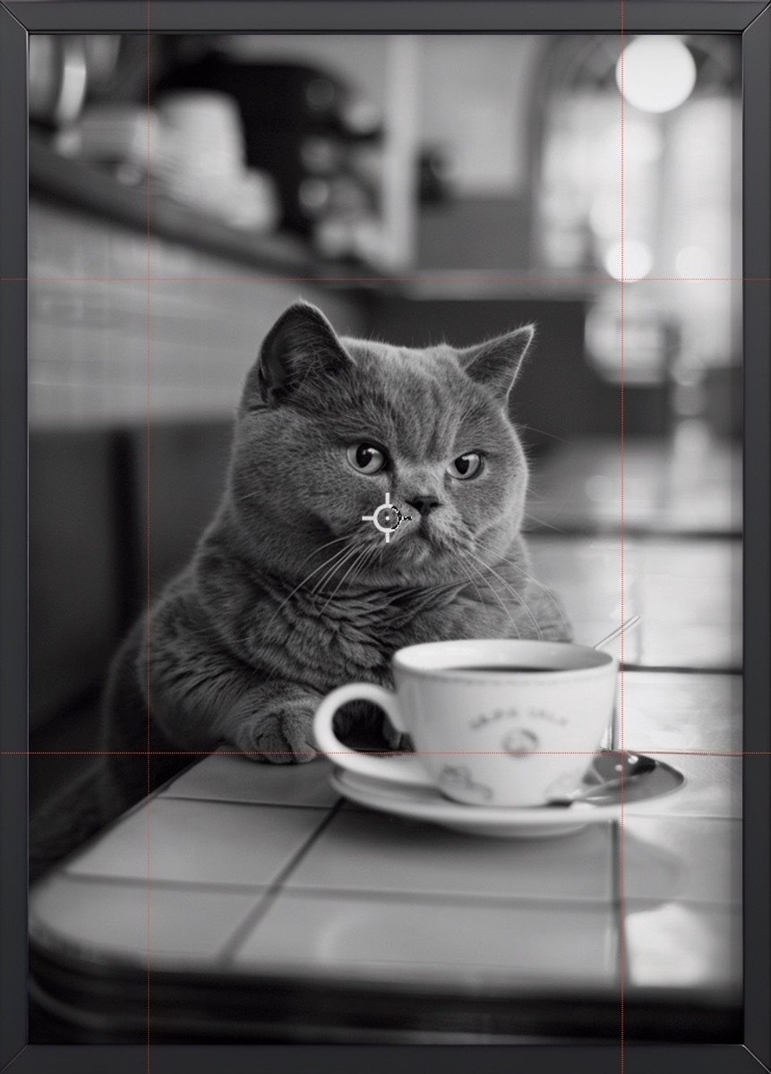 British Shorthair Kat met Koffie Zwart-Wit Poster Ingelijst– 30x45 cm met Lijst | Stijlvolle Retro Wanddecoratie in Franse Caféstijl – Voor Keuken of Woonkamer