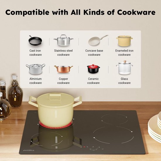 Plaque de cuisson vitrocéramique 60 cm – Plaque de cuisson électrique encastrable 4 feux – 6 000 W – 9 niveaux de puissance – Commande tactile – Plaque de cuisson vitrocéramique