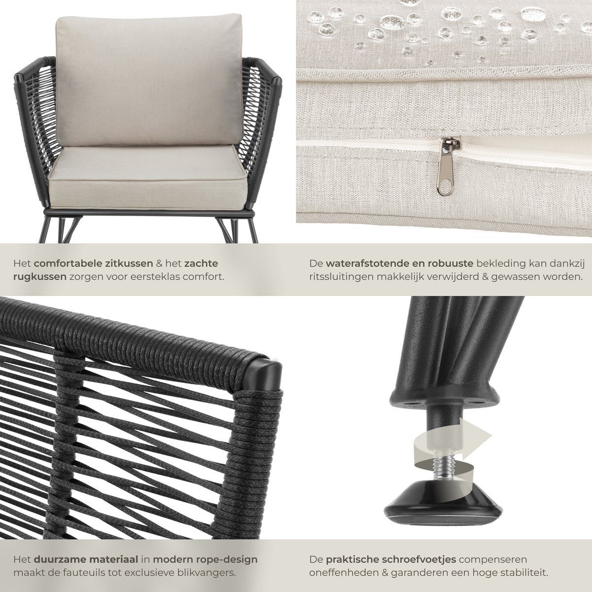 tectake® Loungestoelen Sundo - 4 Fauteuils voor Tuinset, Balkonset of Terras - Wicker Tuinstoelen Set in Rope-Design - Weerbestendig - Inclusief Kussens - Loungestoel Buiten - Loungeset Tuinmeubels thumbnail 3