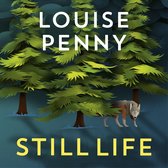 Boekomslag met de titel "Still Life" van Louise Penny, waarop een wolf tussen dennenbomen staat.