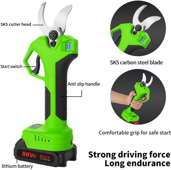 Batterij Einfschere Elektrische tuinschaar, 0-40 mm snijdiameter, progressief digitaal display, met 2 batterij, 21V Tree Scissors, Green van Merkloos	 — afbeelding 2