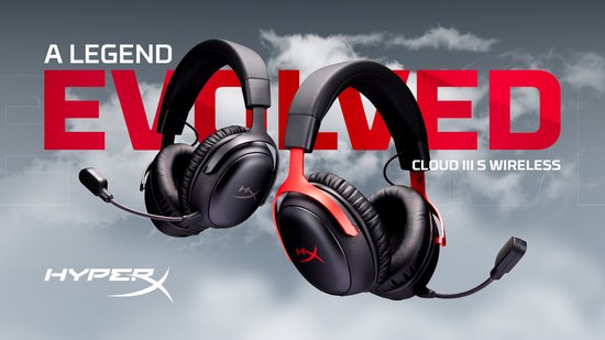 Twee HyperX Cloud III S Wireless gaming headsets, één zwart en één met rode accenten, zwevend in de lucht.