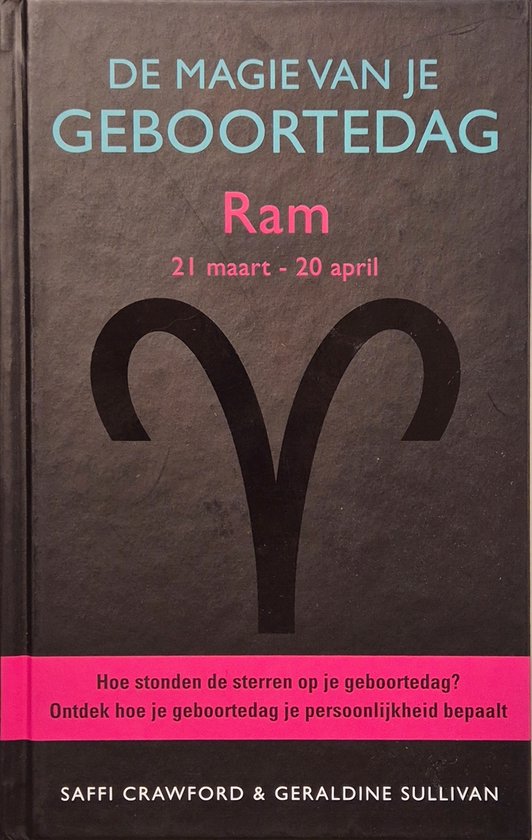 Boek "De magie van je geboortedag" met Ram-symbool in het midden. Titel bovenaan, datum onder symbool, auteurs onderaan.