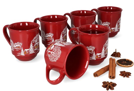 3160100 – Set van 6 glühwein mokken in donkerrood met kerstlandschap 0.2L gekalibreerd