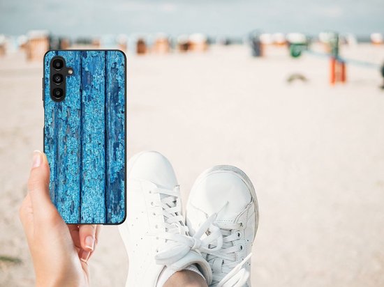 Coque Samsung Galaxy A14 5G Coque Arrière Coque Siliconen avec Bord Noir Wood Blue