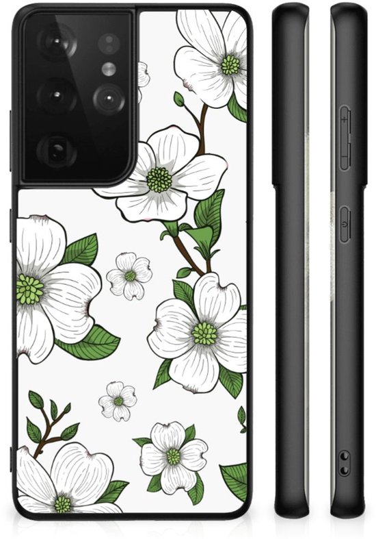 Coque Smartphone Samsung Galaxy S21 Ultra Trendy Housses de téléphone avec Bord Noir Fleurs de Cornouiller