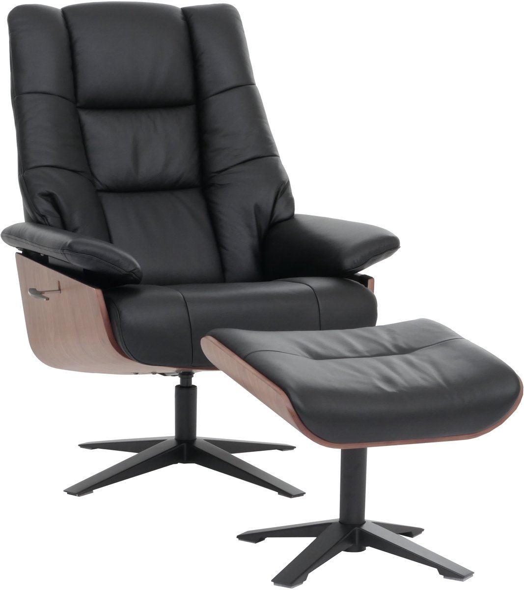MCA relaxfauteuil + voetenbank MCW-N57, tv-fauteuil ligfauteuil, hout echt leer ~ zwart