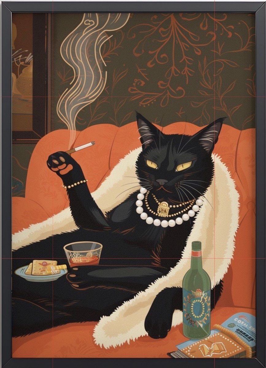 Kat met Sigaret & Whiskey Poster Ingelijst – 30x45 cm met Lijst | Humoristische Retro Wanddecoratie – Kunst aan de Muur voor Woonkamer of Bar