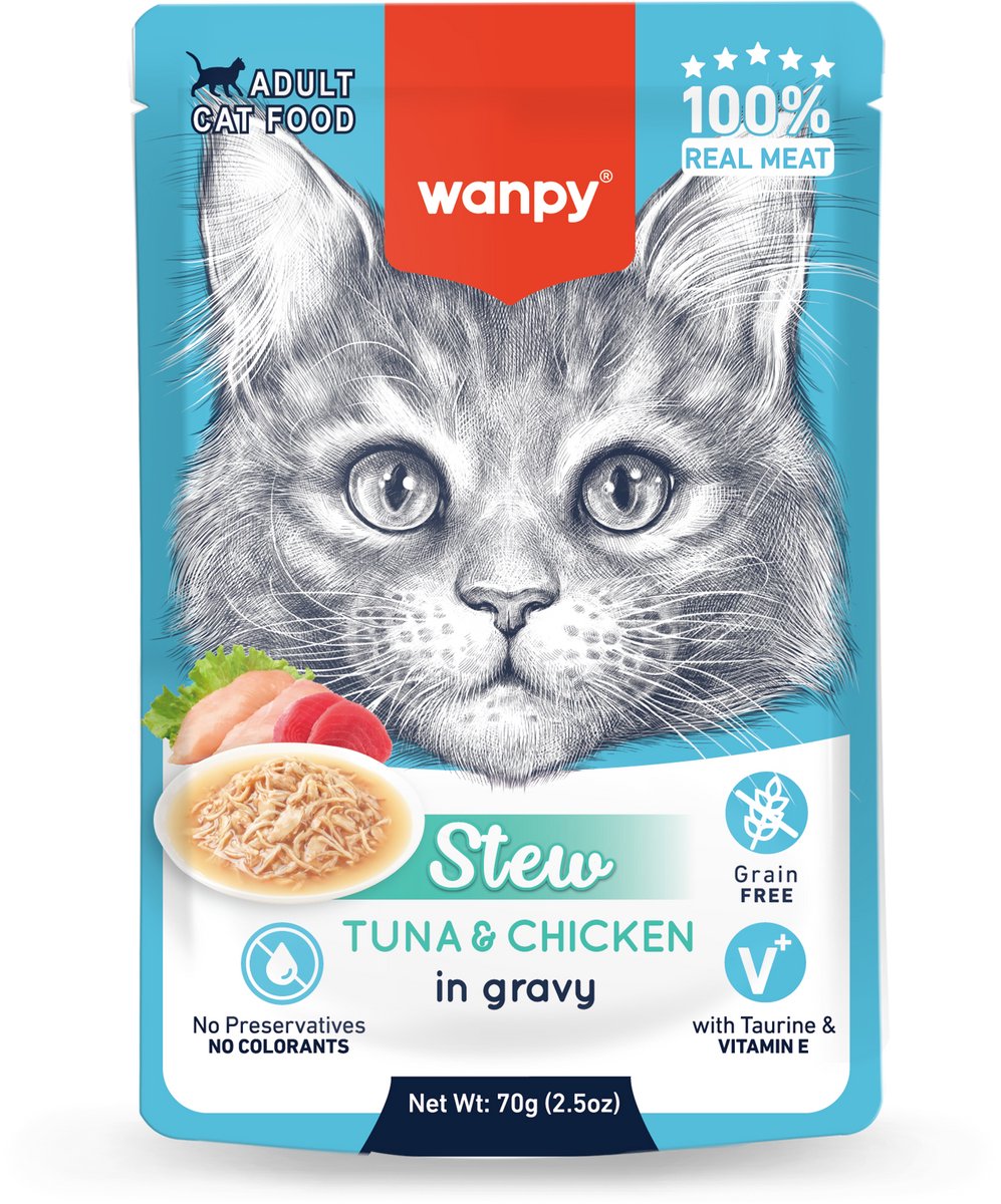 Wanpy – Gestoofde Tonijn en Kip in jus – Tonijn+Kip – Kattenvoer – Natvoer – 10 stuks van 70gram