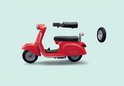 Gedemonteerde rode Vespa scooter van PLAYMOBIL, met zadel en wiel.