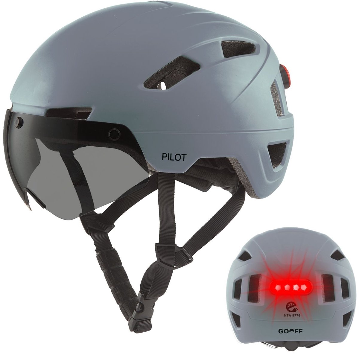 GOOFF® Pilot 3-in-1 Snorfiets Helm met Verlichting en Vizier - Speed Pedelec Fietshelm voor Volwassenen - NTA 8776 - Snorscooter Helm met LED Licht - Goedgekeurd voor Blauw Kenteken en E Bike - Dames en Heren - S - Matgrijs