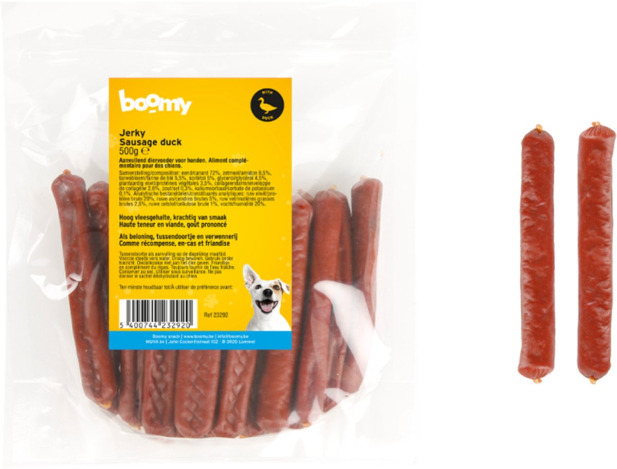 Boomy – Hondensnacks - Hondensnoepjes - Gezonde beloningssnoepjes - Vlees worstjes - 12cm - Eend – 500g