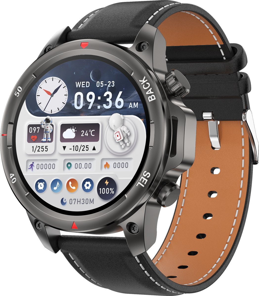 Knobbout 1.53" LED Smartwatch met HD Kleurrijk Display – Krachtige NFC-functie – Ingebouwd Kompas – Efficiënte AI Spraakassistent – Hoogtemeter & Barometer – Bluetooth Handsfree Bellen– Dynamisch interactief Smart display – Zwarte Leren Band
