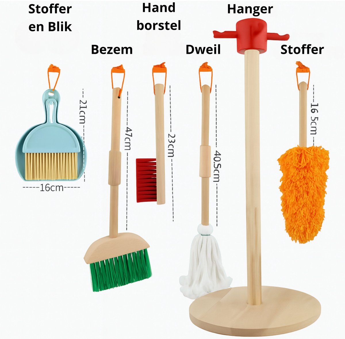 Montessori Schoonmaakset Kinderen – Houten Speelgoed Schoonmaak Set 7-delig – Met Bezem, Stoffer & Blik, Dweil & Plumeau – Educatief Rollenspel voor Peuters en Kleuters — afbeelding 6