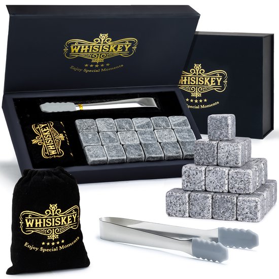 Whisiskey Luxe Whiskey Stones Set - 18 stuks - Natuursteen Whiskey Stenen Voor Glazen - IJsblokjes - Ijstang - Fluwelen Opbergzak - Herbruikbare IJsblokjes - IJsklontjes Steen - Ice Cube