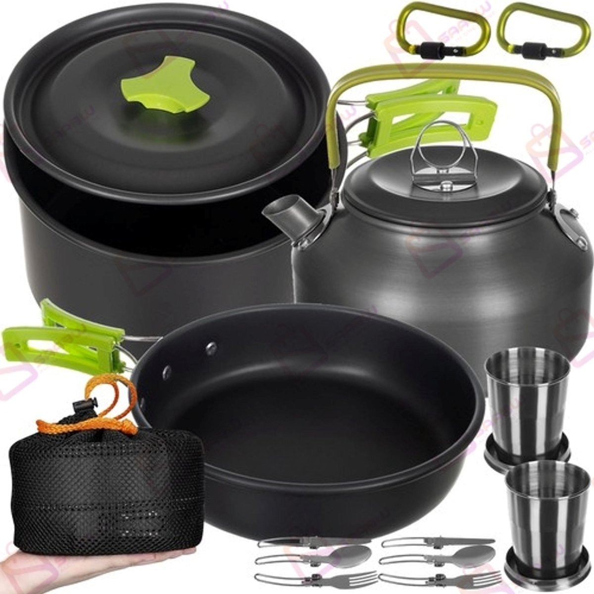 Camping Kookset 18-delig voor 2 Personen – Met Pan, Ketel, Koekenpan, Bestek, Beker & Opbergtas – Opvouwbaar & Antiaanbak – camping pannenset – campingkeuken - 50986