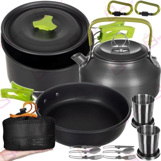 Camping Kookset 18-delig voor 2 Personen – Met Pan, Ketel, Koekenpan, Bestek, Beker & Opbergtas – Opvouwbaar & Antiaanbak – camping pannenset – campingkeuken - 50986