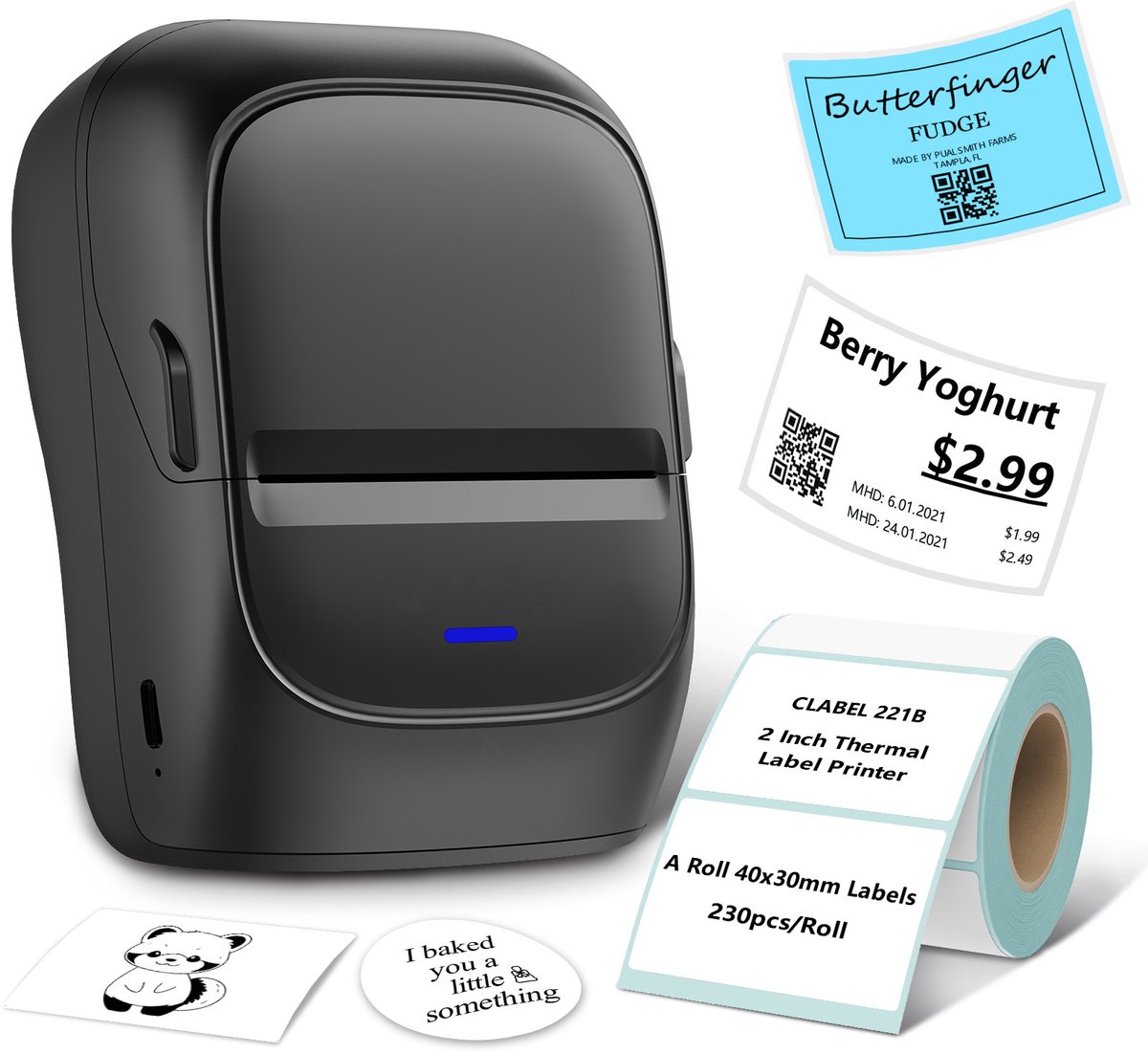 Etikettenmachine met tape: 221B thermische inktloze etikettenprinter, 2 inch mini draagbare Bluetooth handheld sticker barcode labeler, compatibel met telefoon en pc voor kleine bedrijven, detailhandel en kantoren