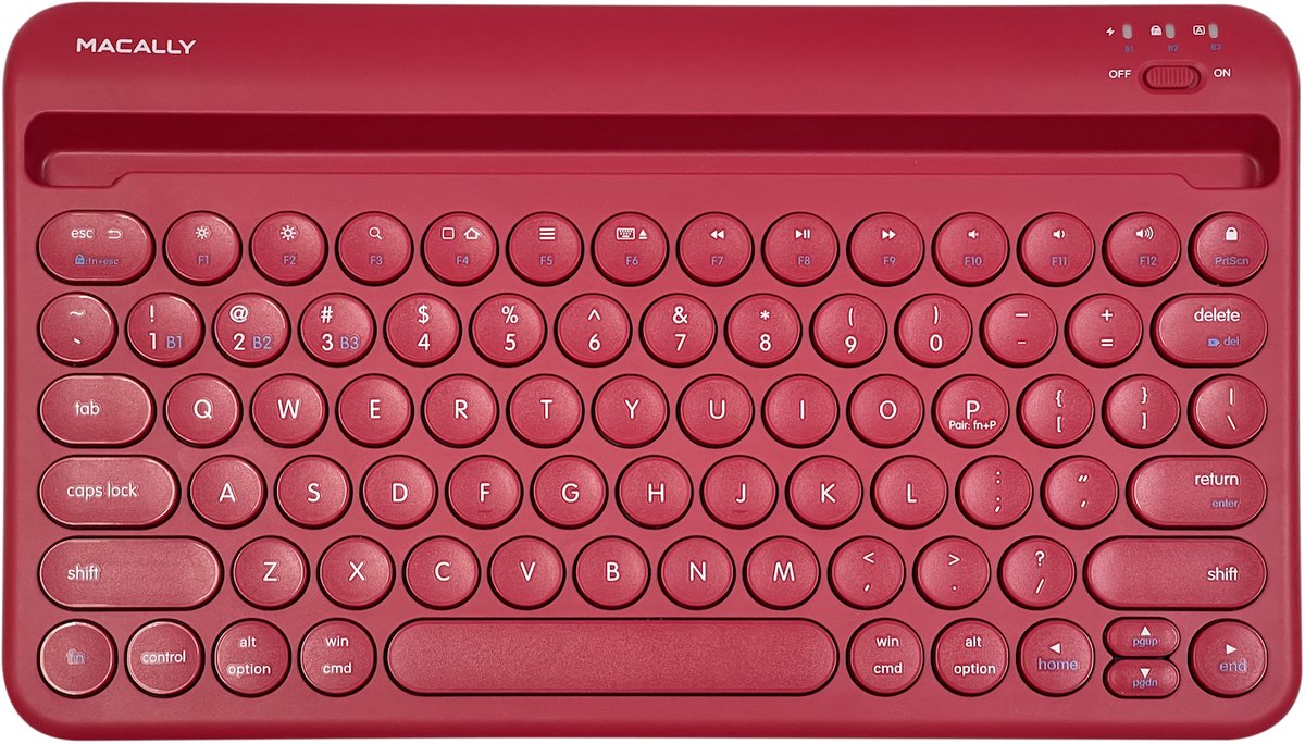 Macally BTTABKEYBATVM compact draadloos bluetooth-toetsenbord met geïntegreerde iPad/tablet-sleuf, oplaadbare batterij en multi device (tot 3 apparaten) ondersteuning - QWERTY - Rood