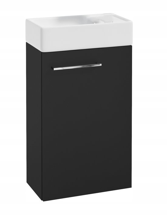 Meuble de salle de bain noir avec vasque blanche et poignée chromée.
