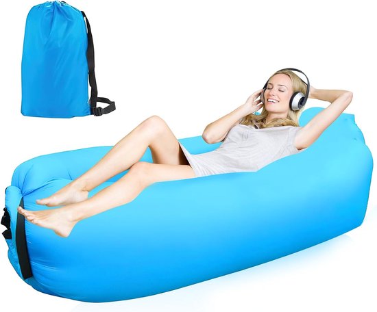 Lucht zitzak, 200 x 70 cm, opblaasbare strandbank, outdoor, camping, met draagbare verpakking, blauw