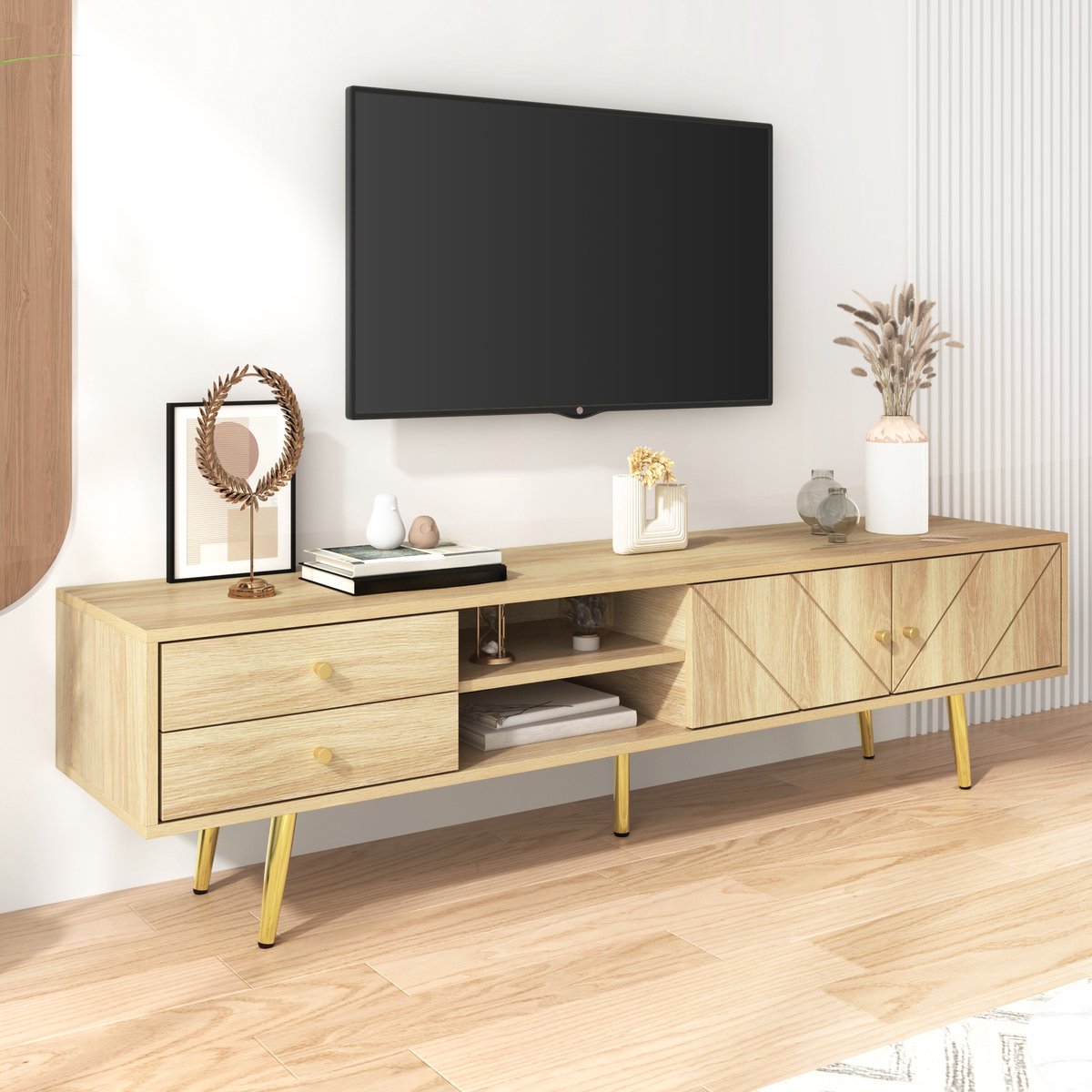 HAUSS SPOLE TV meubel 160x36x42 cm - TV-kast Met Unieke Deuren En Gouden Poten - Stijlvol En Ruim - Rechthoekig - Vintage Woonkamer - MDF - Houtkleur Naturel