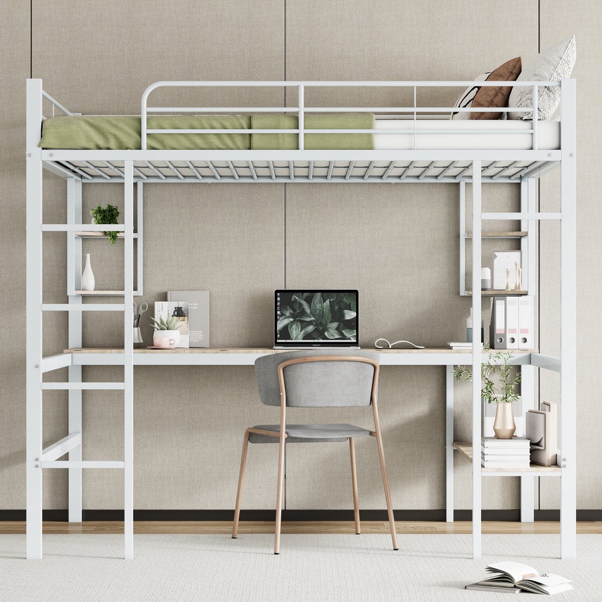 Merax Hoogslaper - 140x200 cm met bureau - geen matras - met vier kleine boekenplanken en een grote boekenkast - wit