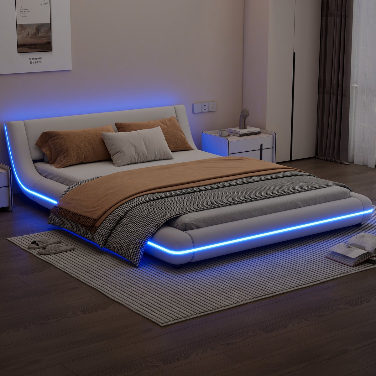 Merax Bed van 140 x 200 cm met vlakke vloer - LED-verlichting - afstandsbediening met 24 knoppen - wit - geen matras