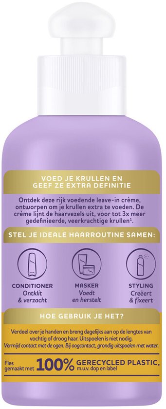 Flesje Andrélon Perfecte Krul leave-in crème met instructies en een icoon van 100% gerecycled plastic.