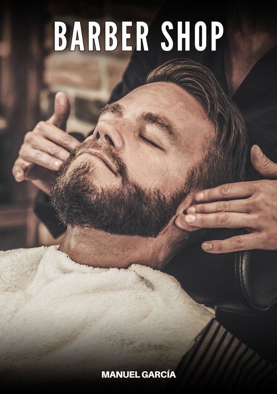 Un homme est allongé sur une chaise, les yeux fermés, une main sur son visage et sa barbe. Titre: BARBER SHOP.