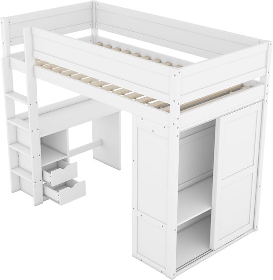 Lit mezzanine 90x200 cm - lit enfant multifonctionnel avec armoire, bureau et tiroirs - blanc