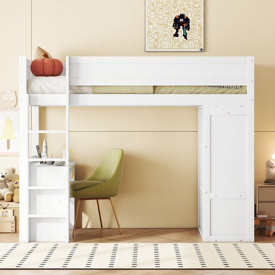 Lit mezzanine 90x200 cm - lit enfant multifonctionnel avec armoire, bureau et tiroirs - blanc