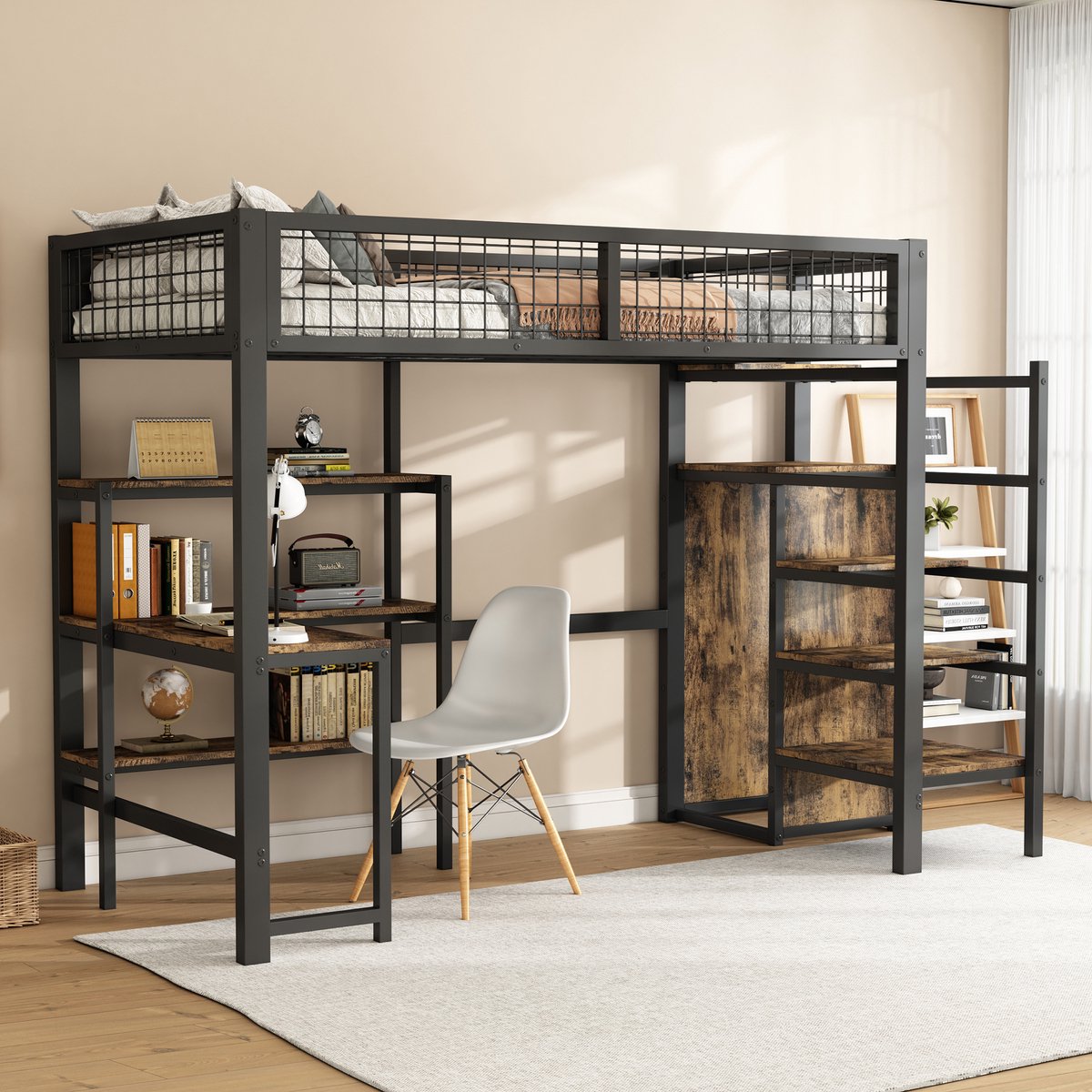 Merax Hoogslaper 90x200cm - ijzeren bed - onderkast - planken - inbouwkast - zwart - zonder matras