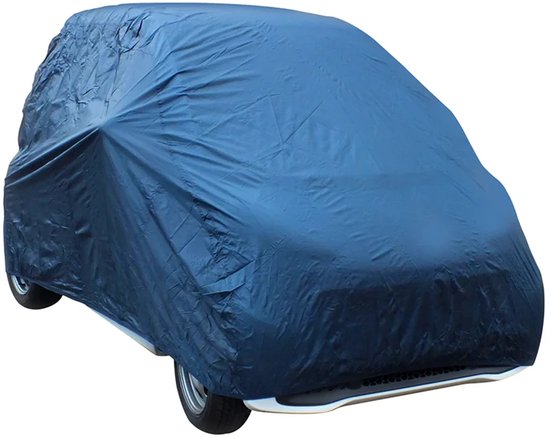 Blauwe autohoes, passend over een auto, zichtbaar vanaf de voorkant en zijkant.