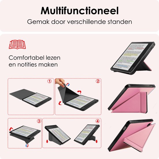 Hoes Geschikt voor Kobo Libra Colour Hoesje Bookcase Cover Book Case Hoes Sleepcover - Roze van Merkloos — afbeelding 3