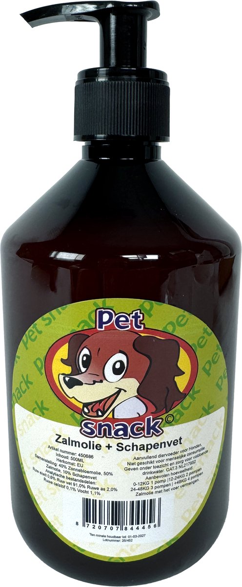 Petsnack Zalmolie - Hondenolie met Schapenvet - 500ml, aanvullend diervoeder