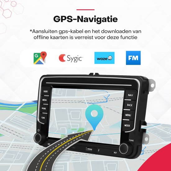 GPS-navigatiesysteem met kaarten van Google Maps, Sygic en Waze.