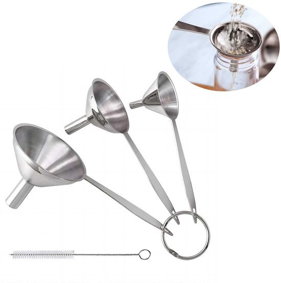 Trechterset van roestvrij staal, 3-delige trechterset met 2 reinigingsborstels met lange handgreep voor het decanteren van vloeistoffen en poeder, 4,5/5,5/7,5 cm