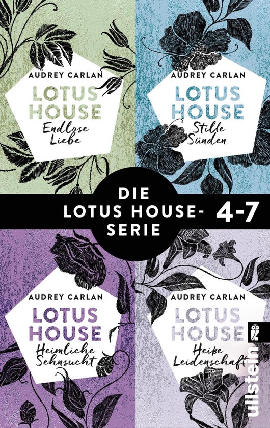 De voorkant van de Lotus House-serie 4-7, met vier boekomslagen met bloemmotieven en de tekst 'Audrey Carlan Lotus House' en titels in het Duits.