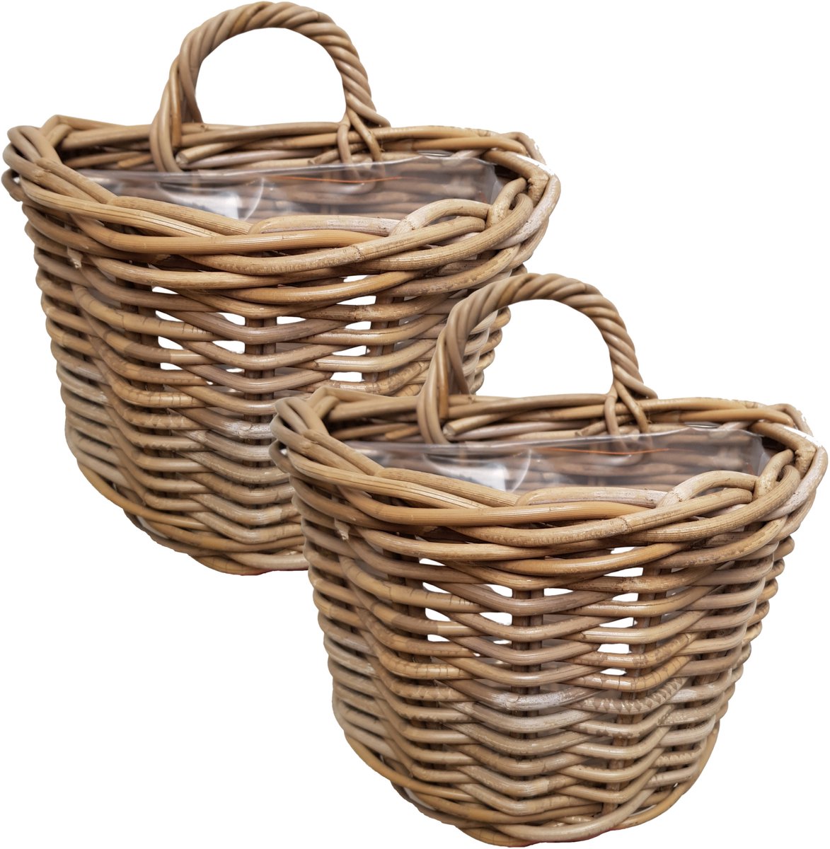 Van der Leeden Wandhanger mand - 2x - bruin - 29 x 18 x 20 cm - rotan gevlochten - voor bloemen/planten - bloempot/plantenpot