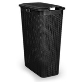 Plasticforte Smalle Wasmand met deksel Rotan - zwart - gevlochten kunststof - 48 liter - 27x46x60 cm