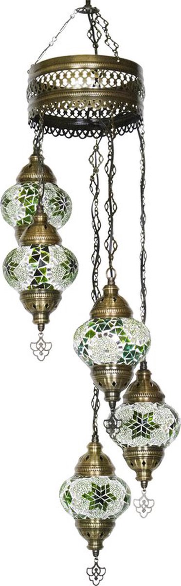 Oosterse mozaiek hanglamp - Groen - Hoogte 97cm - Breedte 20cm - Diameter bol(len) 13,5cm