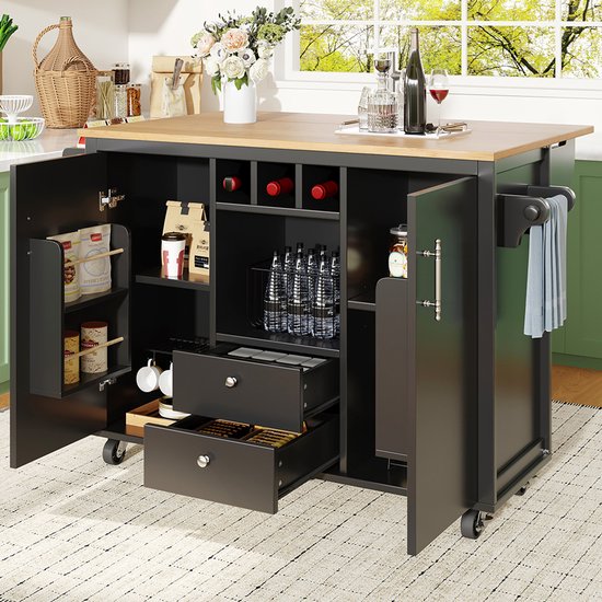 Pugsdrly Kitchen Island Buffet 120 x 73 (45) x 92 cm Meuble de cuisine Desserte de cuisine et plan de travail rabattable avec porte-serviettes Étagère à épices Étagère de porte Étagère à bouteilles et étagères réglables, blanc/noir