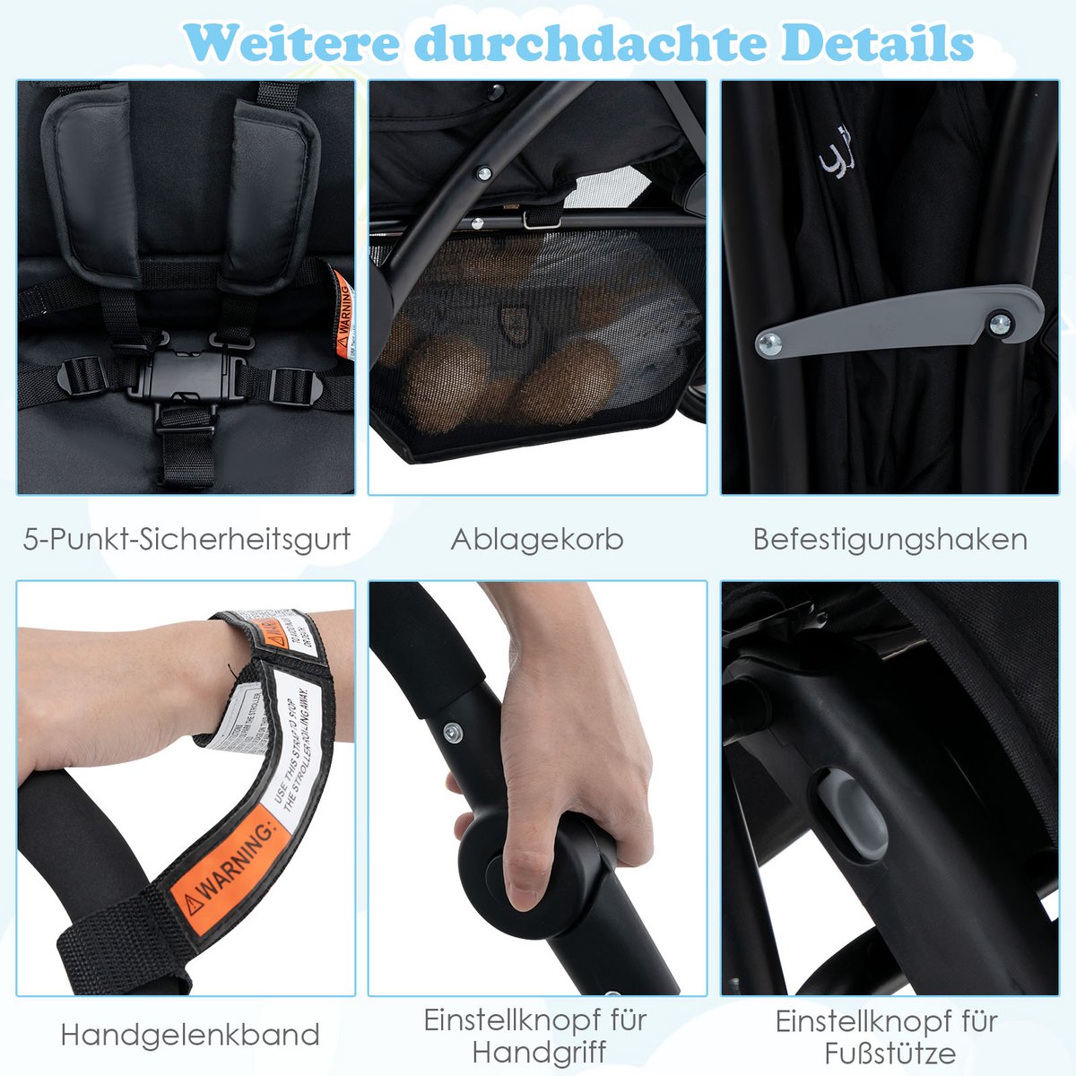 COSTWAY Broer en zussenwagen, inklapbaar, dubbele wagen met - afbeelding 2