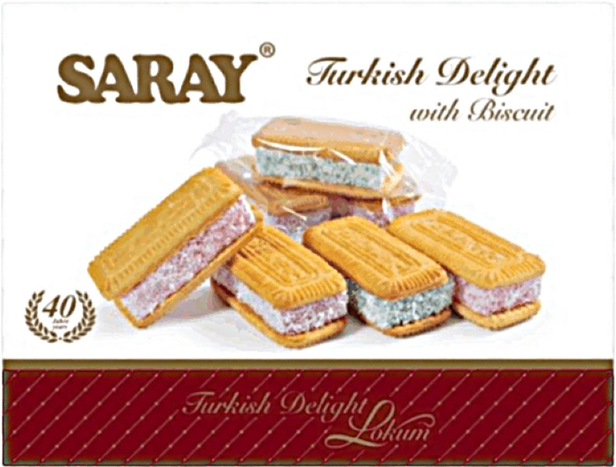 Saray Turks fruit met rozensmaak tussen koekjes 500 g - Biskuvi Arasi Gullu Lokum Turk Lokumu - Turkish delight with rose taste between biscuits 500 g